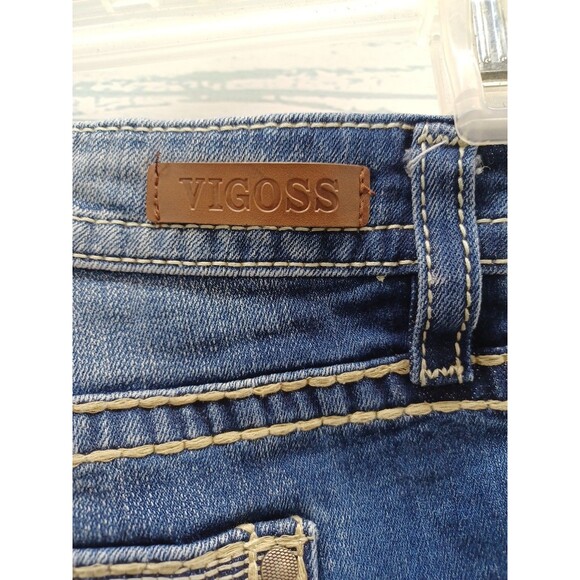 Vigoss Jean Denim Shorts Blue Flap Pockets Womens Raw Hem Embroidery Sz 24 - Picture 4 of 9